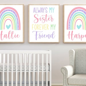 Rainbow Sisters Wall Art - Girl Twin Sister Rainbow Prints - Canvas Best Friends Rainbow Sisters - Girl Rainbow Nursery Decor Set of 3