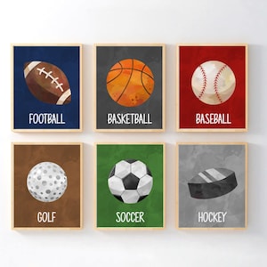 Sports Toddler Room Decor - Boy Wall Art Print - Framed Watercolor Sports Decor - Sports Balls Wall Art - Toddler Boy Room Canvas Sets of 6