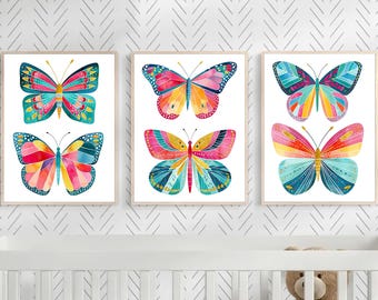 Colorful Butterfly Wall Art - Framed Butterflies Art Prints - Canvas Butterfly Artwork - Butterfly Nursery Decor Artwork Set of 3
