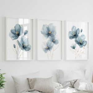 Blue Floral Wall Art: Watercolor Flower Set of 3 - Framed, Canvas, or ...
