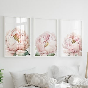 Pink Peonies Wall Art - Framed Peony Floral Art Print - Baby Girl Pink Flower Nursery Wall Decor - Peony Flower Canvas Sets of 3