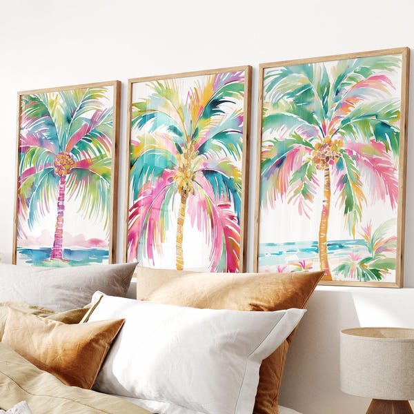 Preppy palmboomkunst aan de muur - Heldere tropische badkamer muurdecoratie - kleurrijke tropische palmboomkunstwerk set van 3 WC