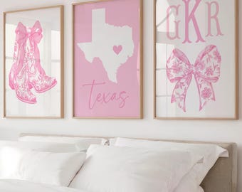 Cowgirl Monogram Dorm Room Decor - Delft Pink Boots and Bows - Personalized Coquette Dorm Wall Art Prints - College State Artwork Set of 3