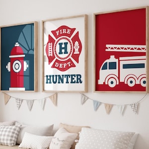 Firetruck Nursery Decor: Personalized Boy Bedroom Wall Art Set of 3
