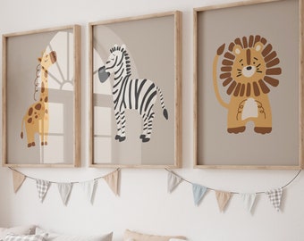 Jungle Animals Wall Art - Baby Animals Art Prints - Framed Safari Theme Nursery Wall Decor - Safari Jungle Animal Canvas Pictures Set of 3