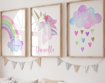 Personalized Rainbow Unicorn Wall Art - Personalized Rainbow Unicorn Print - Canvas Rainbow Unicorn Nursery Unicorn Wall Decor Sets of 3
