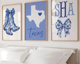Cowgirl Monogram Dorm Room Decor - Blue Boots and Bows - Personalized Coquette Dorm Wall Art Prints - Framed College State Artwork Set of 3