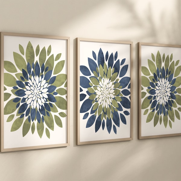 Blue Green Flower Wall Art, Green Blue Flower Prints, Canvas Navy Green Flowers Pictures, Framed Bedroom Wall Decor, Bathroom Art Set of 3