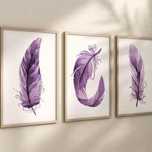 Purple Feather Wall Decor, Feather Prints, Frames or CanvasS, Watercolor Feather Artwork, Watercolor Feather Office Wall Pictures Set of 3