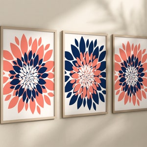 Coral Navy Flower Wall Art - Flower Dahlia Petal Prints - Canvas Coral Navy Bedroom Flower Decor - Coral Bathroom Wall Decor Canvas Set of 3