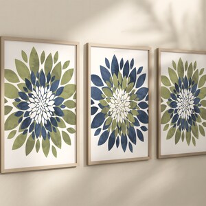 Blue Green Flower Wall Art, Green Blue Flower Prints, Canvas Navy Green Flowers Pictures, Bedroom Wall Decor, Framed Bathroom Art Set of 3 image 2