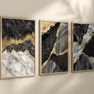 Black Gold Abstract Wall Art - Black Gold Marble Art Prints - Canvas Black Gold Geode Wall Decor - Agate Wall Decor Black Gold Set of 3