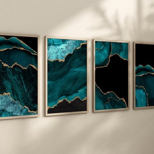 Agate Geode Wall Art - Teal Gold Abstract Prints - Framed Teal Gold Marble Artwork - Agate Geode Wall Decor Pictures - Teal Gold Set of 4