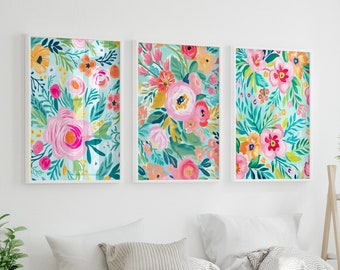 Bright Flower Wall Decor - Preppy Flower Wall Art Prints - Canvas Colorful Floral Artwork - Spring Flower Wall Decor Pictures Set of 3