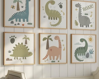 Dinosaur Nursery Wall Art: Dino Theme Boy Bedroom Decor Set of 6 - Framed, Canvas, or Art Prints