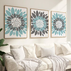 Grau Blaue Blumen Wandkunst - Blumen Dahlie Kunstdruck - Grau Blaue Schlafzimmer Kunstwerk - Blaue Graue Badezimmer Wand Dekoration - Wohnzimmer 3er Sets