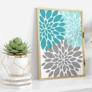 Turquoise Gray Dahlia Flower Print - Framed Turquoise Gray Flower Artwork - Living Room Wall Decor - Three Floral Wall Art Set of 1