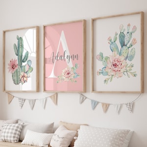 Arte de pared con diseño floral de cactus para guardería - Láminas artísticas enmarcadas con flores de cactus - Obras de arte para guardería de cactus - Juego de 3 piezas personalizadas para guardería de cactus para niña
