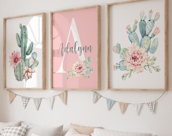 Cactus Floral Nursery Wall Art - Framed Flower Cactus Art Prints - Cactus Nursery Artwork - Personalized Girl Cactus Nursery Set of 3