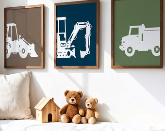 Arte de pared para habitación infantil con diseño de camión de construcción, juego de 3 piezas para dormitorio infantil con transporte (enmarcado, lienzo o impresión artística)