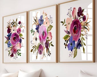 Lila Blumen Wanddekor - Gerahmte Lila Blumen Art Prints - Lila Blumen Leinwand - Lila Kinderzimmer Wandkunst - Aquarell Blumen 3er Set WC