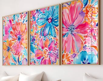 Bright Floral Art: Preppy Flower Wall Decor, Pink Blue Orange Artwork Set of 3 - Framed, Canvas, or Art Prints WC