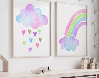 Decorazioni murali con nuvole arcobaleno - Decorazioni murali con nuvole arcobaleno - Opere d'arte arcobaleno - Decorazioni murali per cameretta con nuvole arcobaleno - Set di 2 immagini arcobaleno per WC