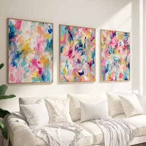 Bunte abstrakte Wandkunst - Blumen abstrakter Druck - gerahmte, kräftige, helle Wanddekoration - Regenbogen abstraktes Maximalist Kunstwerk auf Leinwand 3er-Sets