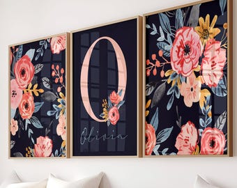 Navy Coral Floral Nursery Art: Boho Girl Monogram Set of 3 - Framed, Canvas, or Art Prints WC