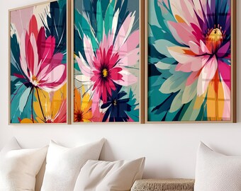 Conjunto de arte floral abstracto: decoración de pared con flores de colores, juego de 3 (enmarcado, lienzo o impresión artística) WC