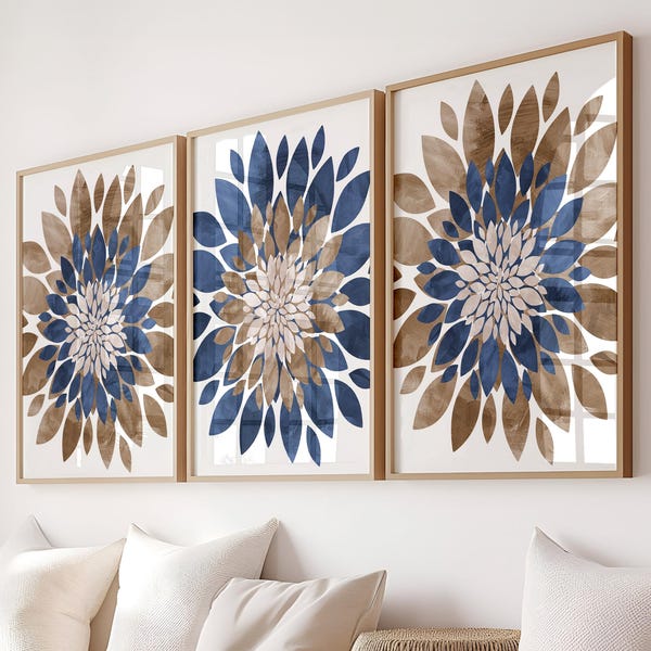 Blue Brown Flower Wall Art - Navy Brown Flowers  - Bedroom Flower Wall Decor - Bathroom Artwork Set of 3 WC Framed, Canvas, or Art Prints