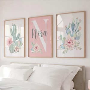 Cactus Floral Wall Decor - Personalized Girl Nursery Wall Art - Cactus Dorm Artwork Set of 3 Framed, Canvas, or Art Prints WC