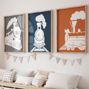 Train Wall Art Set of 3, Steam Train Nursery Decor, Transportation Wall Art for Boys, Framed Train Prints, Railroad Canvas Artwork
