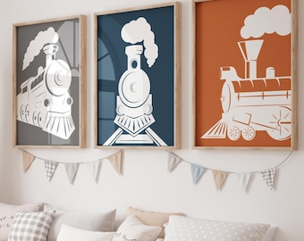 Train Wall Art Set of 3, Steam Train Nursery Decor, Transportation Wall Art for Boys, Framed Train Prints, Railroad Canvas Artwork