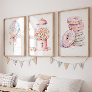 Pastell Candy Wandkunst: Aquarell Donut , Kinderzimmer Deko (3er Set) - Gerahmt, Leinwand oder Kunstdruck WC