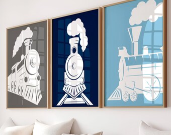Framed Train Wall Art -  Steam Trains Artwork Canvas - Transportation Train Boy Nursery Wall Decor - Train Theme Boy Room Pictures Set of 3