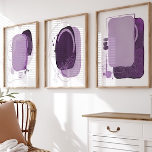 Purple Abstract Wall Decor - Purple Composition Wall Art Print - Purple Geometric Shapes Wall Decor - Purple Bathroom Bedroom Art Set of 3
