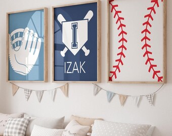 Fototapeta do pokoju dziecięcego z motywem baseballu, spersonalizowany znak z nazwą baseballisty, wystrój pokoju dziecięcego z motywem baseballisty, zestaw 3 oprawionych wydruków na płótnie