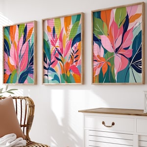 Colorful Tropical Wall Art - Vibrant Tropical Art Print - Beach House Wall Decor - Tropical Leaves Artwork Canvas - Tropical Art Sets of 3