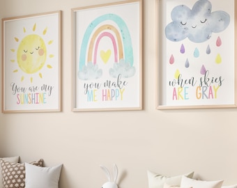 Rainbow Sun Cloud Wall Art - You Are My Sunshine Prints - Sunshine Quote Canvas - Framed Sunshine Rainbow Cloud Nursery Wall Decor Set of 3
