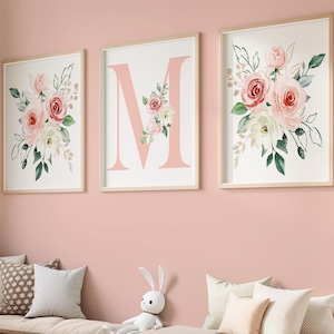 Girl Monogram Nursery Wall Art - Girl Initial Flower  - Girl Monogram Artwork -  Flower Nursery Wall Decor Set of 3 WC