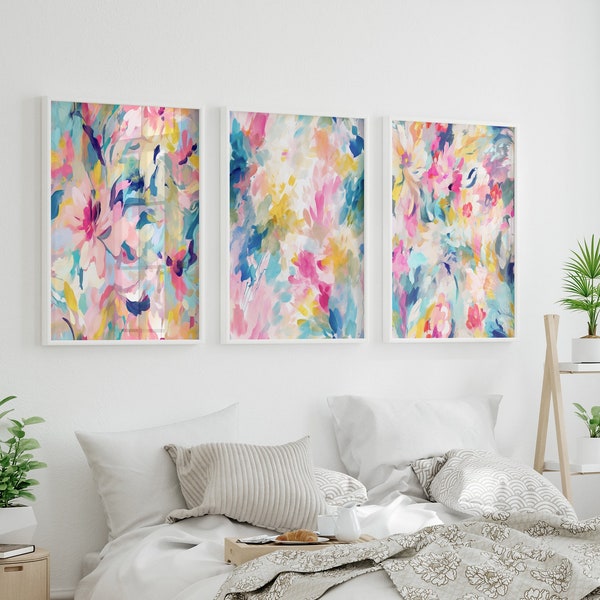 Colorful Abstract Wall Art - Flower Abstract Art Prints - Bold Bright Wall Decor - Framed Rainbow Abstract Maximalist Artwork Set of 3