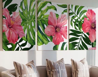 Hibiscus Wall Art - Pink Tropical Flower Art Print - Canvas Watercolor Tropical Floral Artwork - Tropical Hibiscus Wall Decor Sets of 3