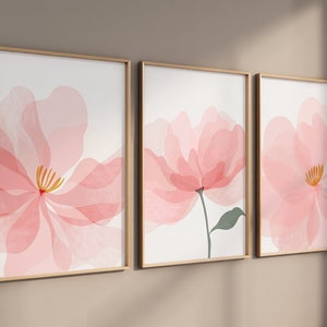 Pink Flower Wall Art - Pink Floral Art Print - Framed Pink Floral Artwork - Watercolor Flower Pink Nursery Wall Decor Canvas Sets of 3