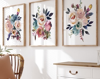 Flower Wall Art - Farmhouse Flower - Pink Blue Floral Artwork - Watercolor Flower Nursery Decor Pictures Set of 3 WC