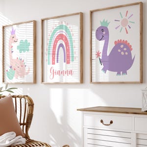 Girl Dinosaur Wall Decor - Personalized Dino Rainbow Artwork Set of 3