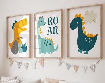 Dinosaur Set of 3 Nursery Art Prints, Boy Nursery Wall Art Blue Green ...