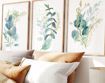 Juego de 3 láminas decorativas de eucalipto para pared de dormitorio