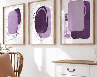Purple Abstract Wall Decor - Purple Composition Wall Art - Purple Geometric Shapes Wall Decor - Purple Bathroom Bedroom Art Set of 3 WC