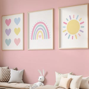 Rainbow Sun Hearts Wall Art Prints - Framed Weather Nursery Canvas - Rainbow Wall Decor - Rainbow Hearts Pictures for Girls Room Set of 3